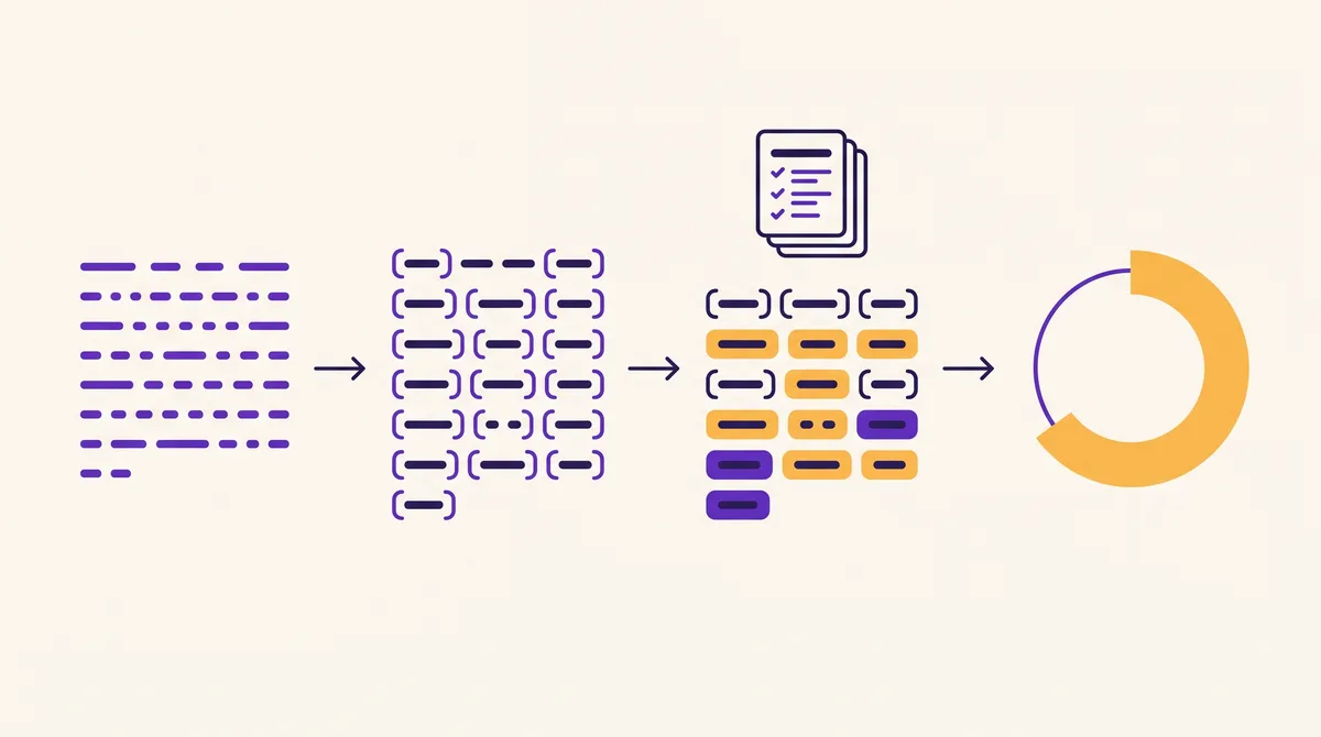 Four-stage diagram of the analyzer pipeline: a block of pasted text, then the same text split into bracketed word-chunks (segmentation), then those chunks matched against a dictionary card with some filled amber to show a match, then a circular coverage gauge with an amber covered arc as the output.