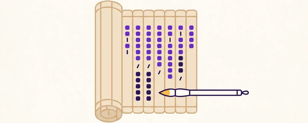 Flat illustration of an unrolled bamboo-slip scroll with vertical columns of abstract marks and a calligraphy brush, representing classical Chinese.