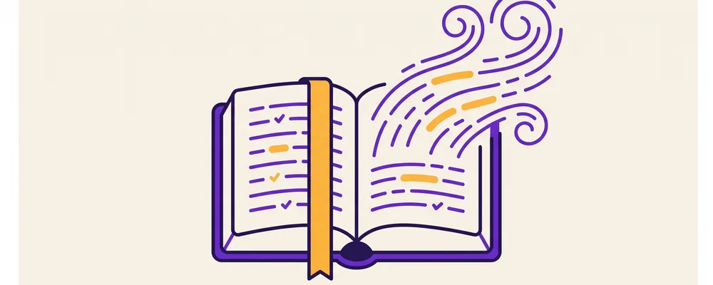 Flat illustration of an open book with an amber ribbon bookmark and narrative lines rising off the page, representing reading a Chinese novel.