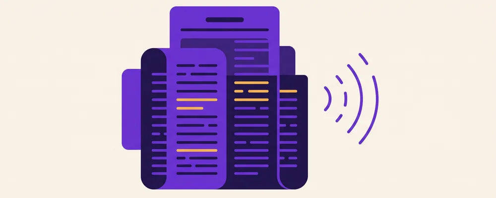 Flat illustration of stacked newspaper columns with a few lines highlighted amber and a broadcast signal, representing reading Chinese news.