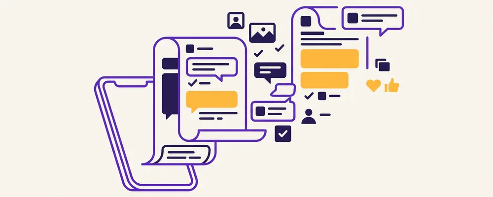 Flat illustration of a phone showing a scroll of short chat bubbles and posts, some highlighted amber, representing reading Chinese social media.